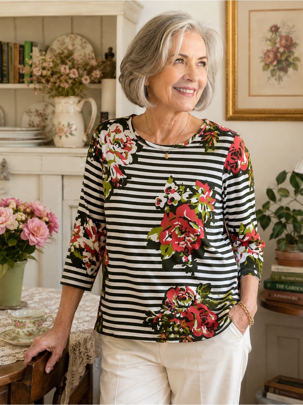 Lemon Way Floral Stripe Top Womens Large Rose Print Grandmacore Cottagecore